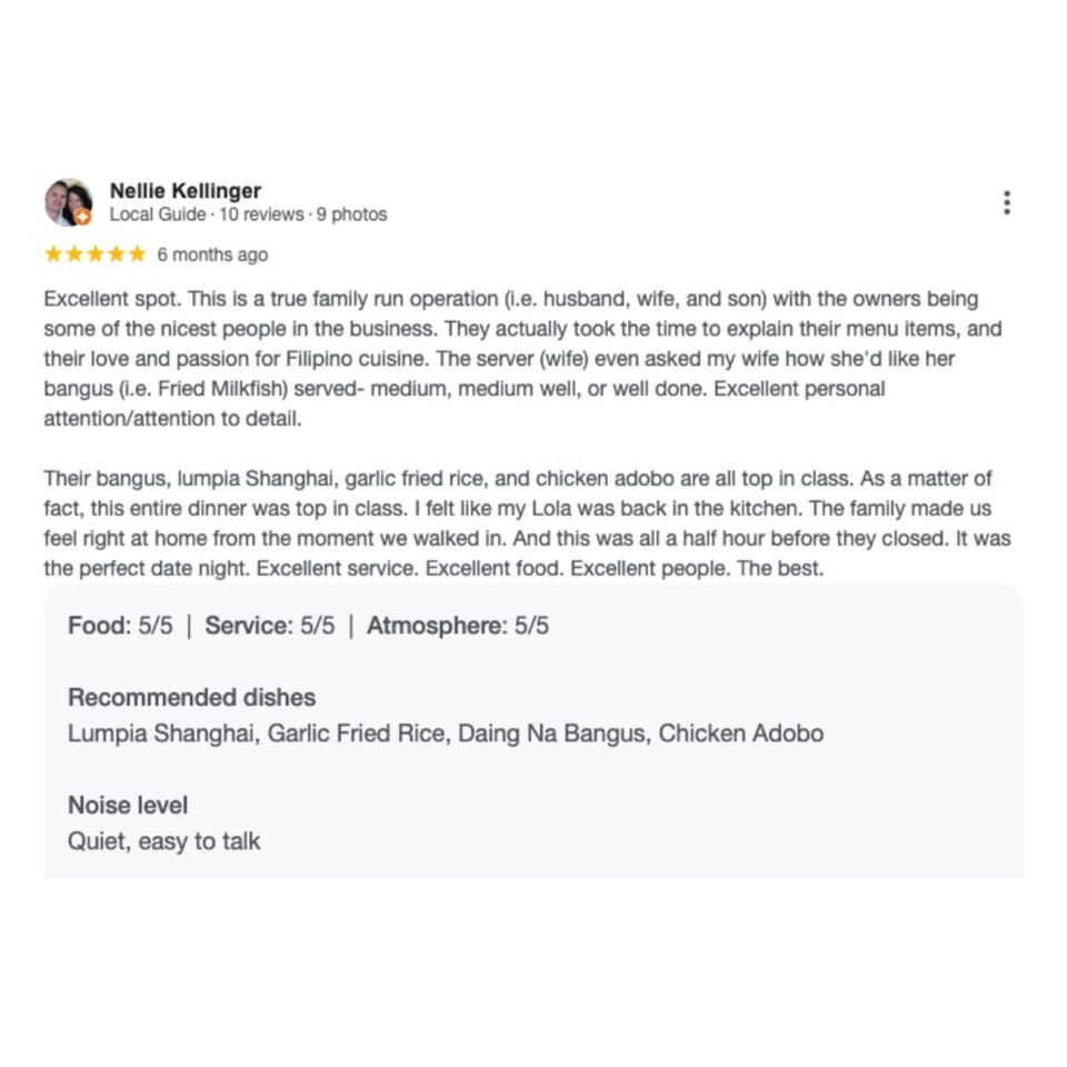 A Google review for Taste of Kawayan, praising the Filipino food, service, and atmosphere.