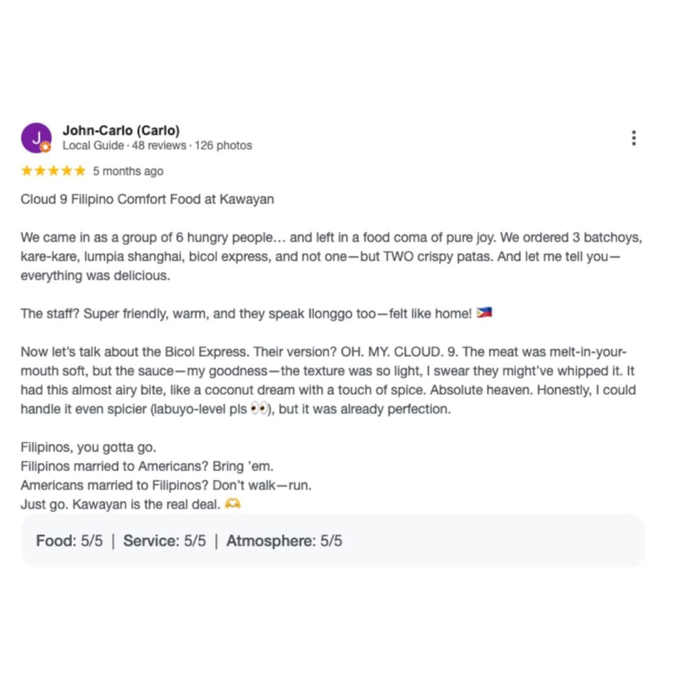 A glowing 5-star review for Taste of Kawayan, praising the Filipino comfort food and friendly staff.
