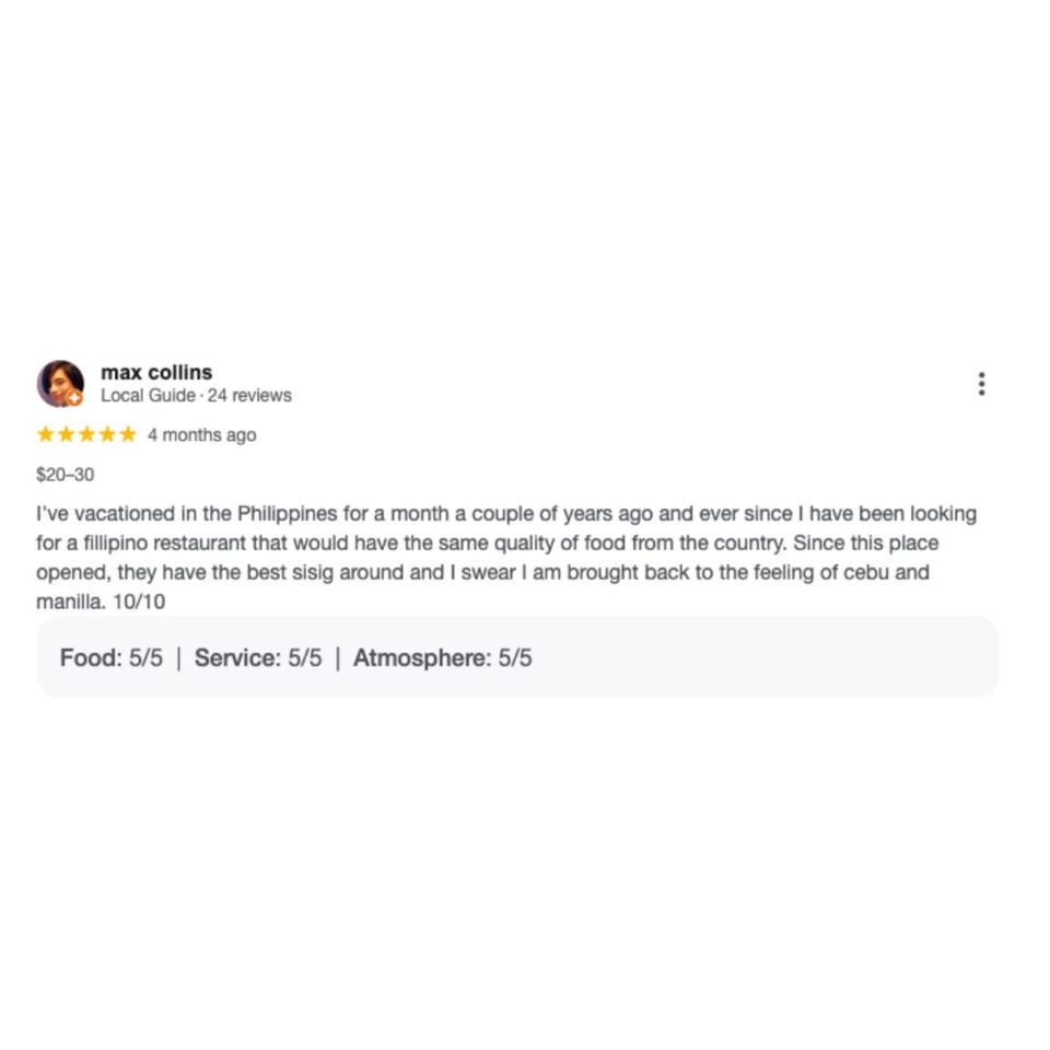 A 5-star review for Taste of Kawayan, praising the Filipino food, service, and atmosphere.