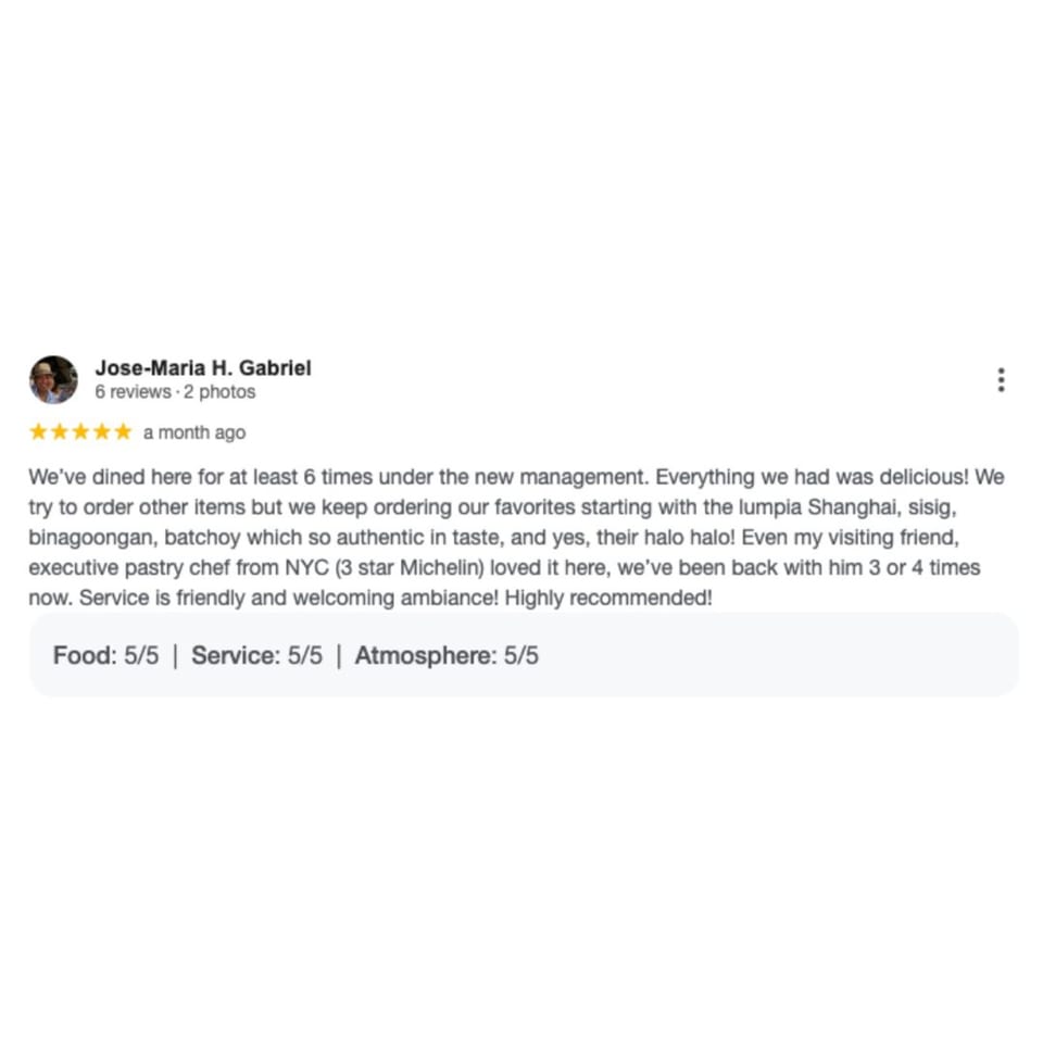 A 5-star Google review for Taste of Kawayan, praising the delicious Filipino food and friendly service.