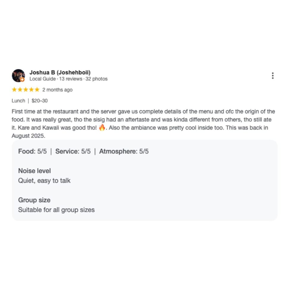 A Google review for Taste of Kawayan, praising the service, ambiance, and food, with a 5/5 rating.